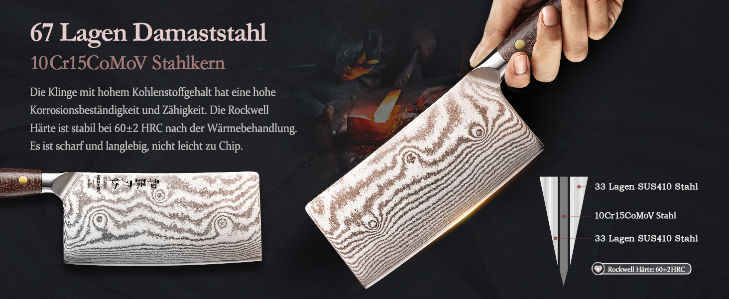 HEZHEN ніж кухарський 21 см дамаст 67 шарів, професійний ніж для кухні з дерев'яною піхвою, full tang ручка з Micarta