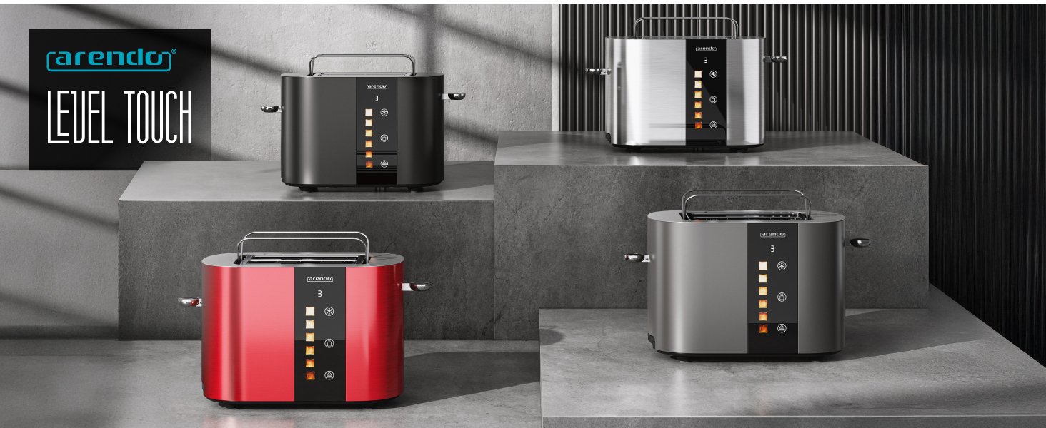 Тостер Arendo з нержавіючої сталі, 2 відділення, сенсорний екран, подвійні стінки, 800 Вт, підставка для тостів, 6 рівнів підсмажування, центрування хліба, індикатор часу, функція пам'яті, колір: чорний