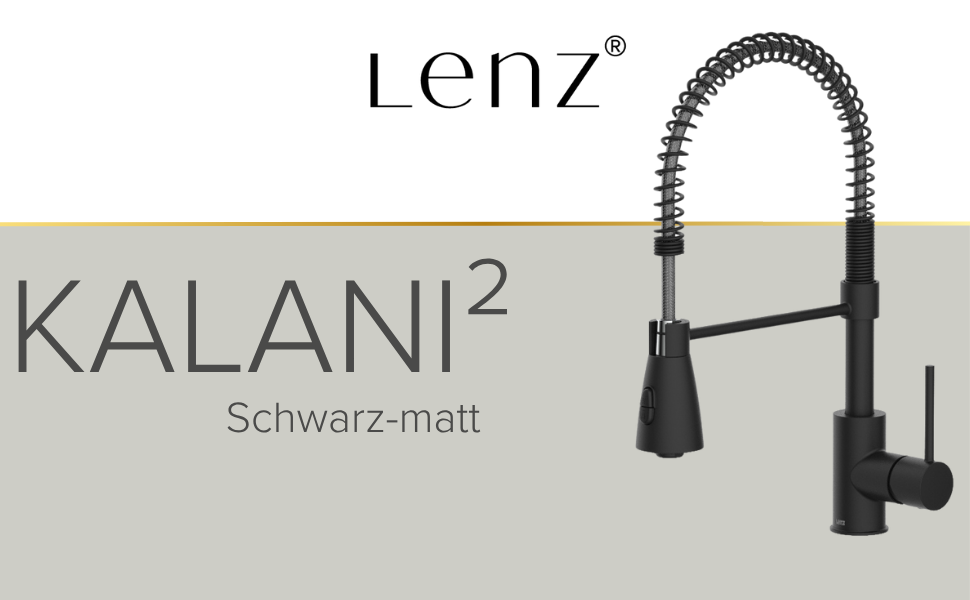 Кухонний змішувач Lenz KALANI² в стилі - з регульованою насадкою для миття посуду – легка установка та висока якість обробки – 46070322 (Для високого тиску, Чорний)