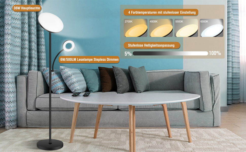 Стельовий LED-прожектор 42W з регулюванням яскравості та лампою для читання, 4200LM, 2700K-6500K, дистанційне керування, сенсорне управління, сучасна підлогова лампа для вітальні, спальні, офісу