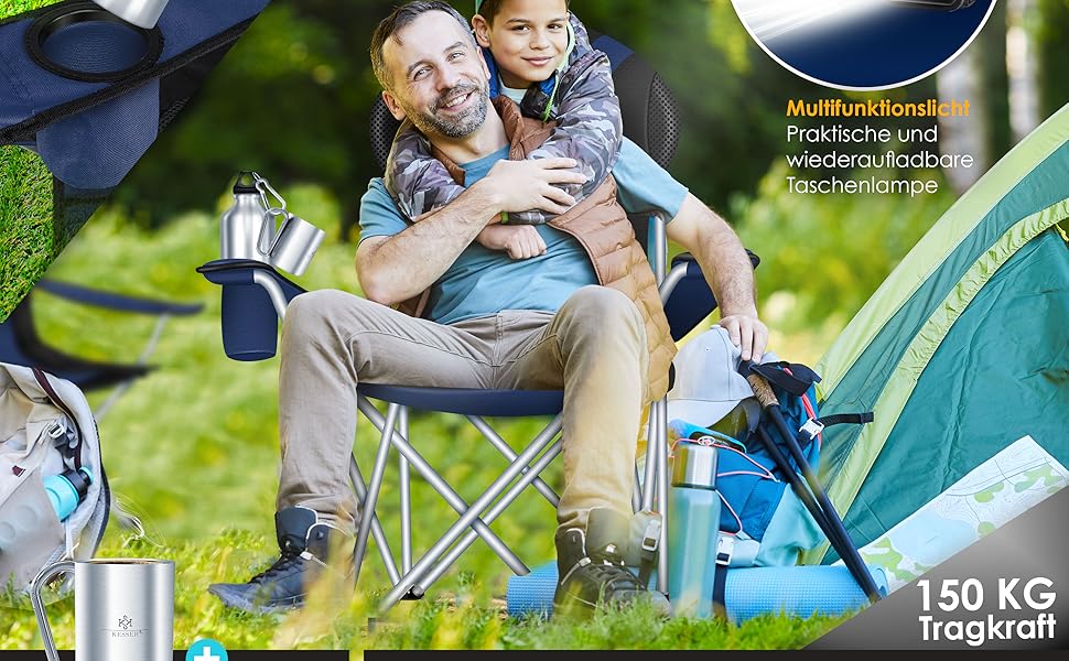 Крісло для кемпінгу KESSER® розкладне, до 150 кг, для риболовлі, з підлокітниками, високою спинкою, пляшкотримачем, світлом, сумкою та стаканчиком, хакі (темно-синій/чорний)