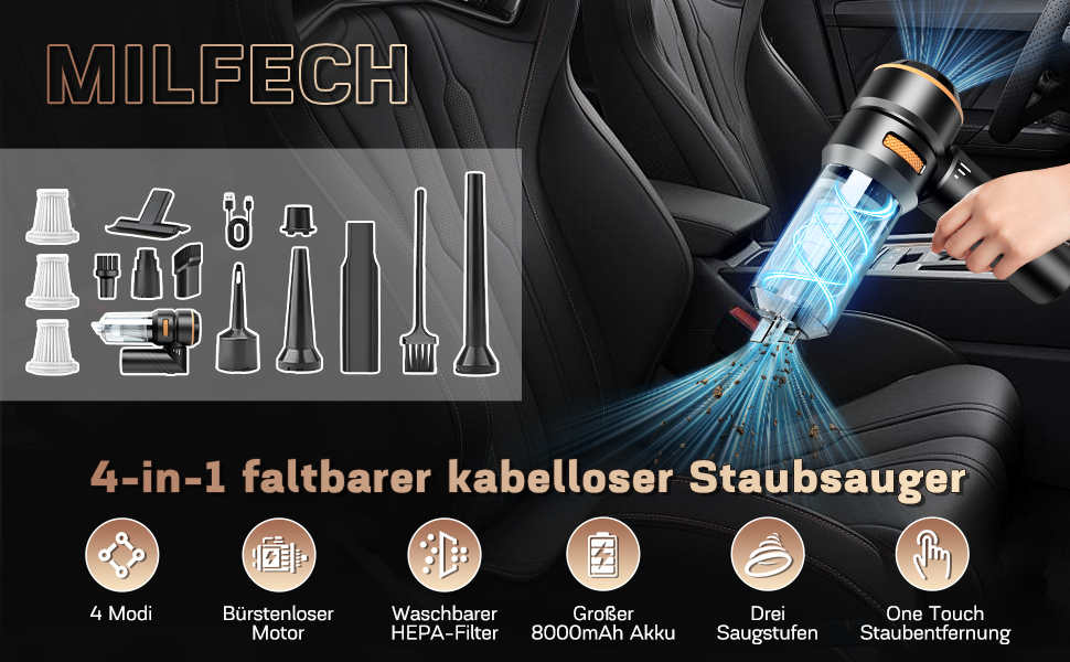 Акумуляторний портативний пилосос MILFECH 4-в-1 22000Pa для авто, дому, шерсті тварин, безщітковий мотор, 3 швидкості, чорний