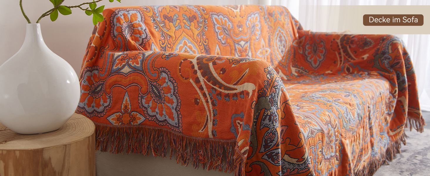 Богемна ковдра Boho Decke 100% бавовна – двостороння муслінова ковдра 150x200 см, м'яка софа/ковдра та покривало для ліжка, естетичний дизайн, ідеально для вітальні та спальні, помаранчево/блакитний колір, зірковий сон 150 x 200 см