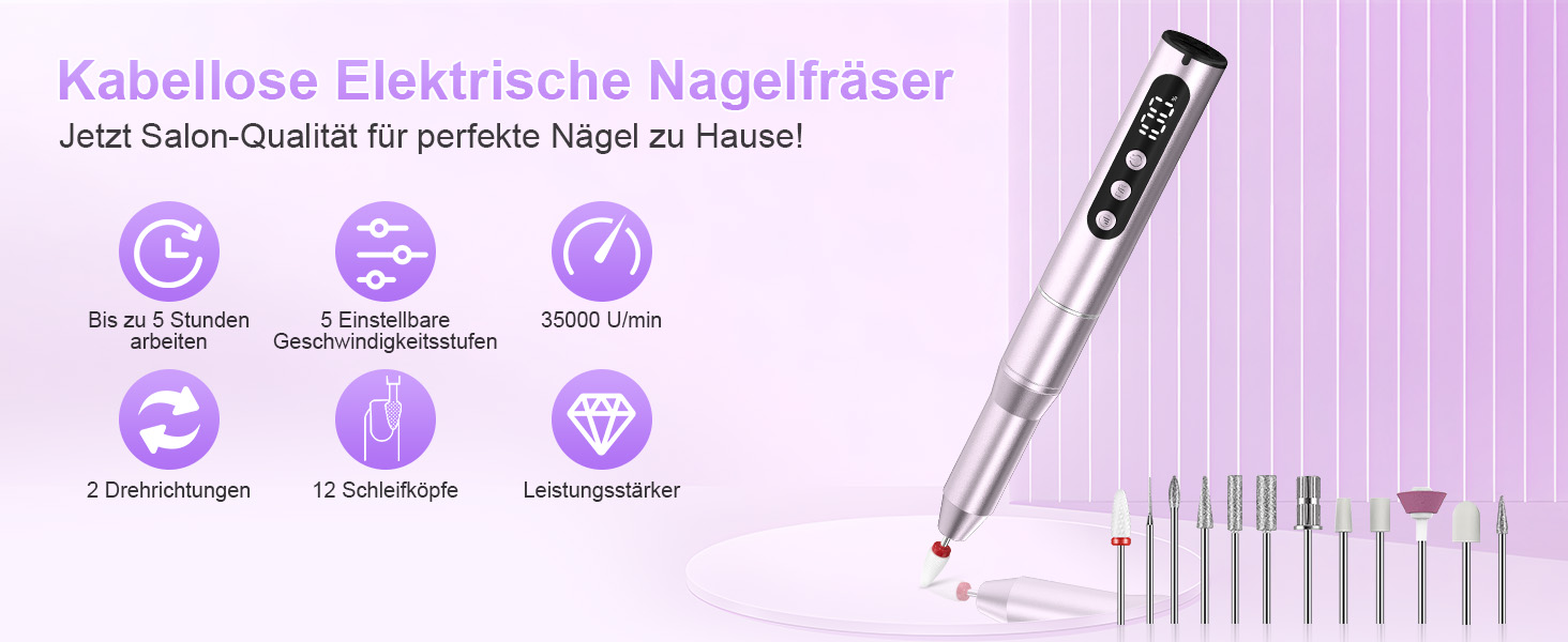 Електричний фрезер для нігтів бездротовий - 12 в 1, 35000 об/хв, для гелю, акрилу, манікюру та педикюру, фіолетовий