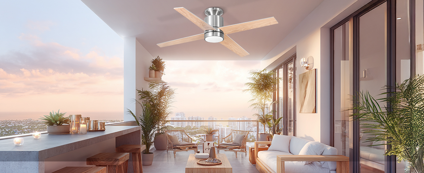 Стеляний вентилятор Ohniyou з підсвічуванням та пультом керування – 96,5 см (38 дюймів). Тихий, димування, для спальні, тераси, внутрішнього/зовнішнього використання (нікель, сучасний)