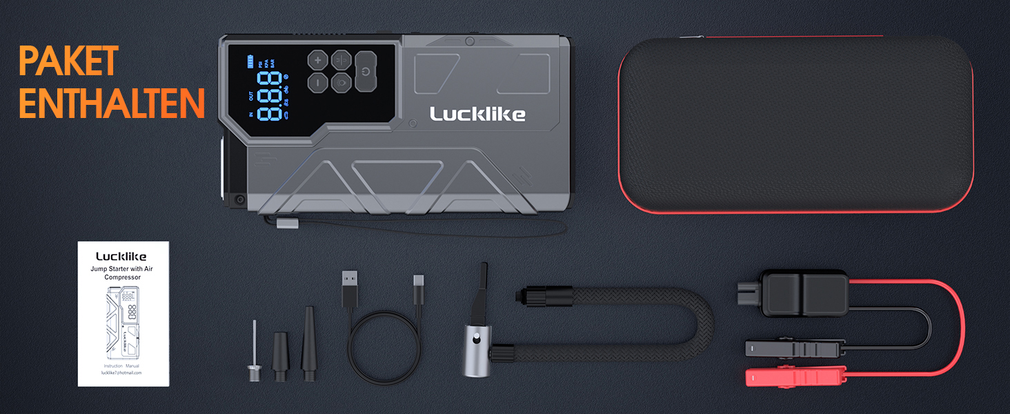 Powerbank з компресором Lucklike для авто, 4000A, LED-ліхтарик, бустер для 10.0л бензинових та 8.0л дизельних двигунів, підходить для SUV, мотоциклів та газонокосарок