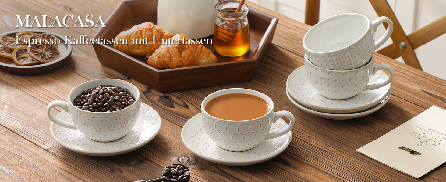 Набір кавових чашок MALACASA з блюдцем, 8 шт., для 4 особи, з рельєфом, 180 мл, кераміка, бежевий