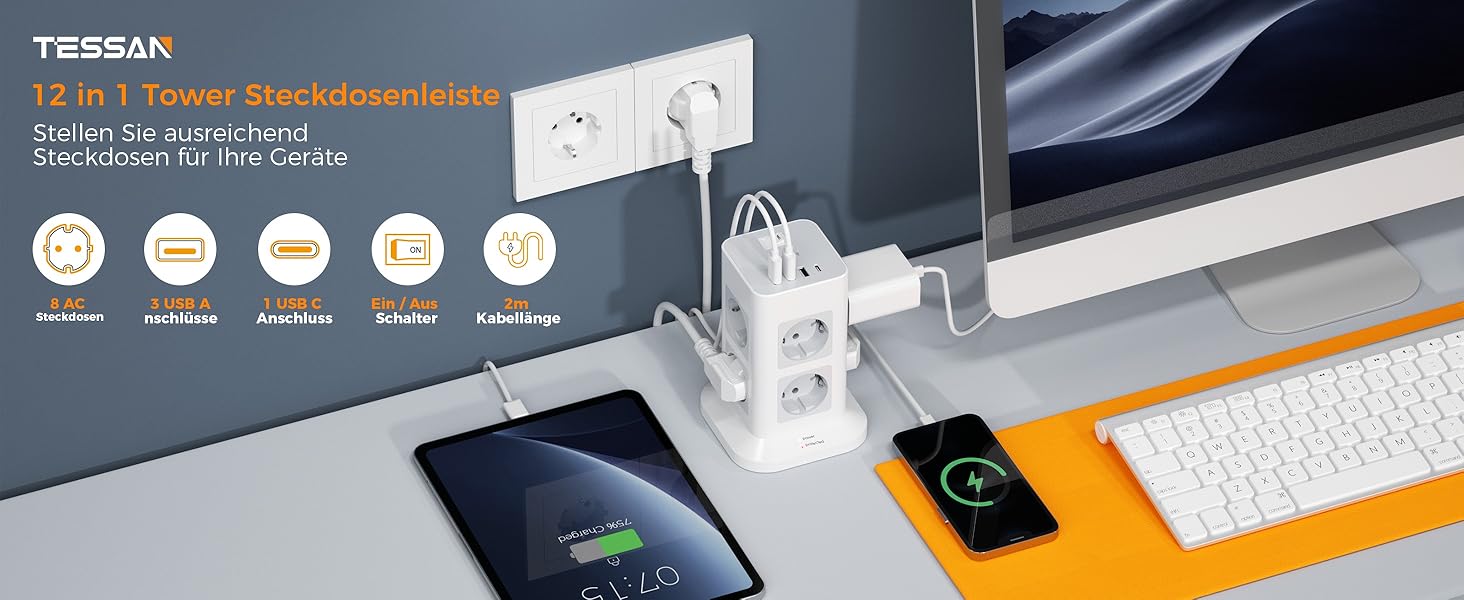Багатофункціональна мережа TESSAN з 8 розеток, USB-C, захистом від перенапруги, вимикачем, 2 м кабелем, 3600W (сірий/білий)
