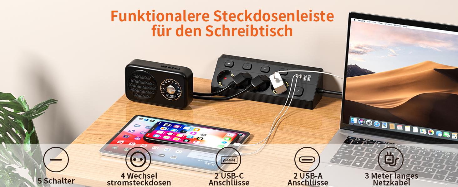 Мережевий фільтр (подовжувач) на 4 розетки з USB PD 20W, довжина кабелю 3 м, з індивідуальними вимикачами