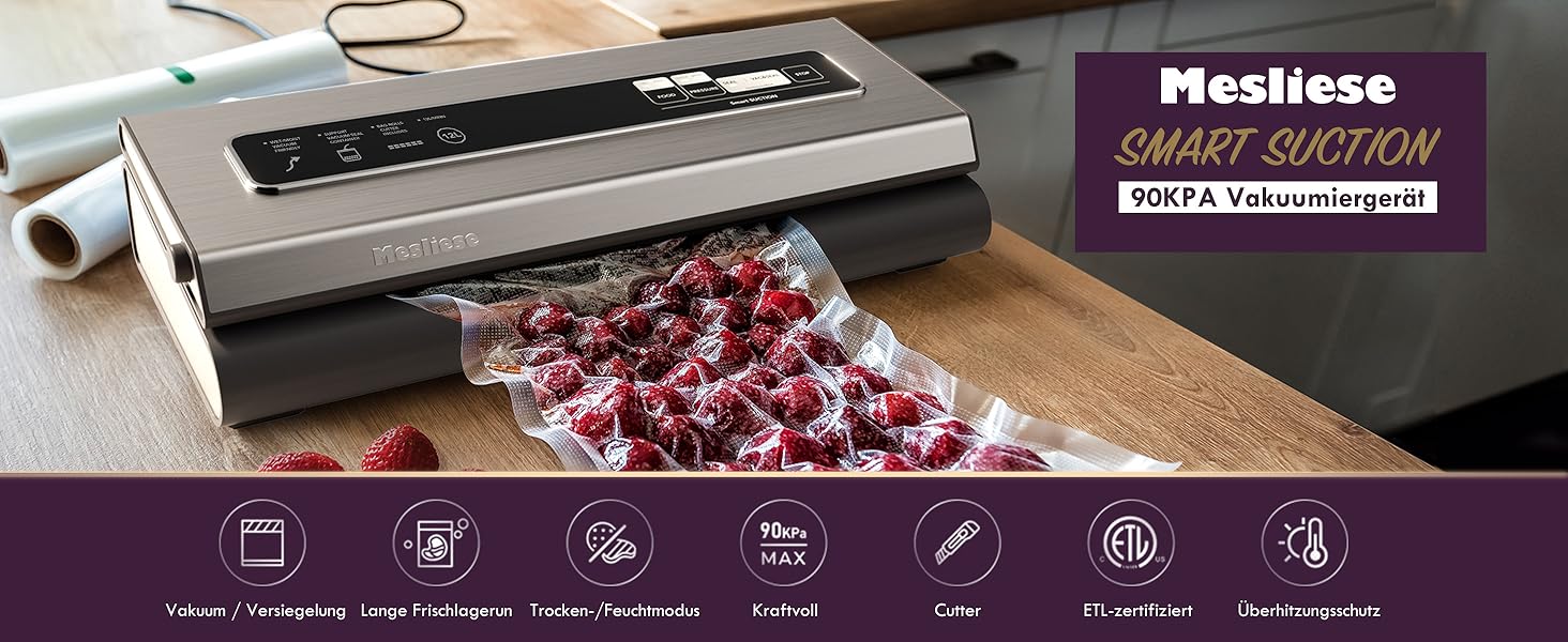 Вакуумний пакувальник Mesliese 90kPa 6-в-1: Компактний пристрій для зберігання продуктів з вбудованим різаком, 2 рулони та 5 пакетів, для сухого та вологого режиму, срібний