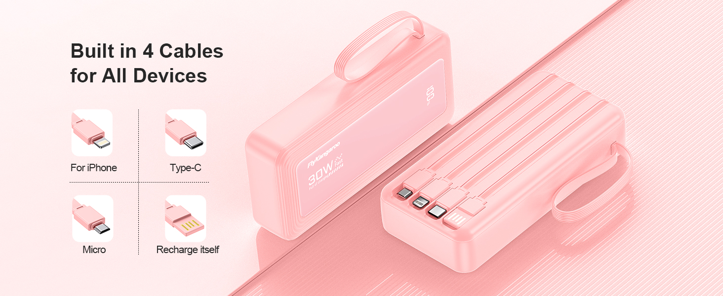 Повербанк 27000mAh з 4 вбудованими кабелями, 30W Power Bank USB-C швидка зарядка з LED-дисплеєм для iPhone, Samsung, iPad та Android, рожевий
