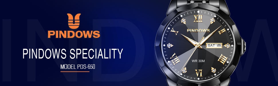 Годинник чоловічий PINDOWS Luxus Quarz аналоговий з датою та великим циферблатом, водостійкий, модний, бізнес-стиль. Елегантний двоколірний годинник з нержавіючої сталі з підсвічуванням календаря De650n1: Чорний