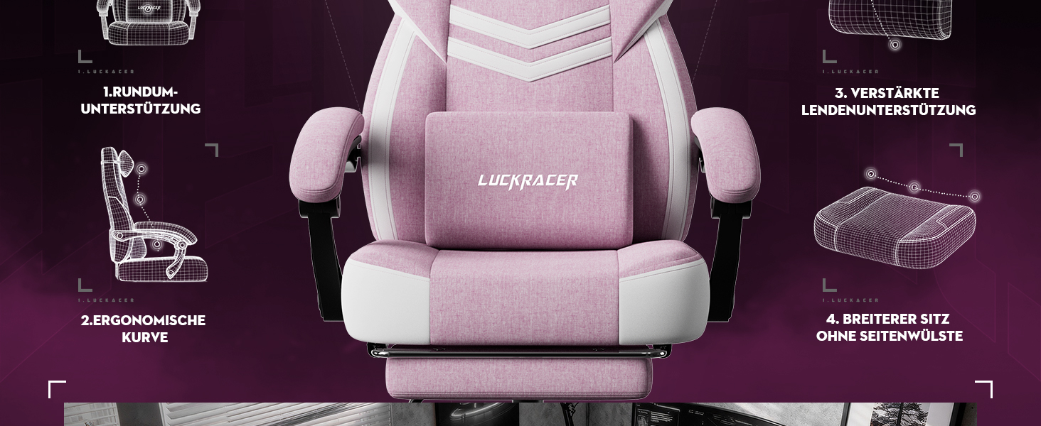 Ігрове крісло LUCKRACER з тканини, офісне крісло з підскладною підставкою для ніг, подушкою з ефектом пам'яті, нахилом спинки 90–155° та підлокітниками, витримує до 150 кг, рожеве