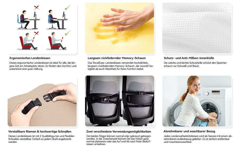 Подушка для спини Ergonomisches RückenKissen Travel Ease з Memory Foam, для офісного та комп'ютерного крісла, з антистатичним, приємним до шкіри чохлом, для зручної постави
