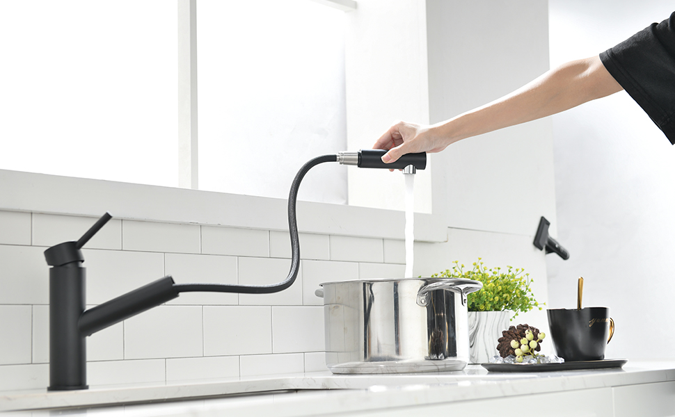 Кухонний змішувач AIMADI висувний чорний з 3-х режимним душем, 38 см шланг, однорідний змішувач для холодної та гарячої води, підходить для раковини та кухонного острова, водоспад, чорний колір