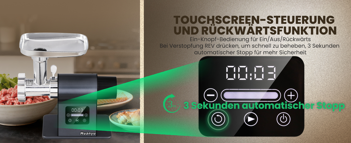 М'ясорубка електрична Huanyu 2000 Вт з сенсорним керуванням, багатофункціональна з 2 ножами та 3 дисками