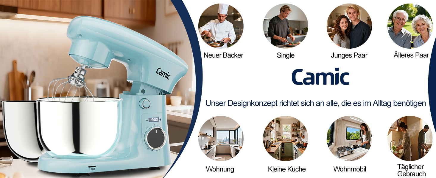 Кухонний комбайн-міксер Camic з LED-дисплеєм, 10 швидкостями та 2 чашами з нержавіючої сталі (4Л та 5Л), набір з 3 аксесуарів для тіста, хліба та тортів, синій