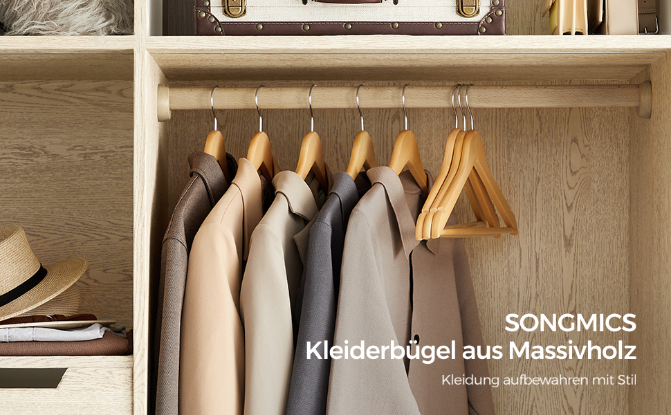 Плечики для одягу SONGMICS, 20 шт., з масиву дерева, з вирізами для плечей, нековзний тримач для штанів, обертовий на 360°, для костюмів, сорочок, натуральний колір + срібло