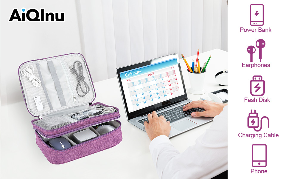 Органайзер для кабелів AiQInu: універсальна дорожня сумка-кубик, 3 шари, водонепроникний, для кабелів, power bank, USB, SD карт (фіолетовий)