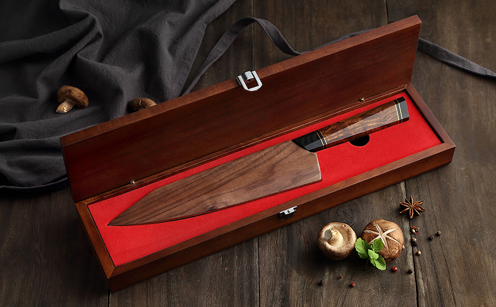 Японський ніж для кухні XINZUO Damaststahl 21.5 см, Kiritsuke, професійний, ручної роботи, з нержавіючої сталі Дамаск, дерев'яний потиск, магнітний чохол, подарункова коробка з акації