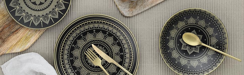 CreaTable MANDALA GOLD: 16-частинний набір посуду з каменю, чорний/золотий, для посудомийної машини та мікрохвильової печі