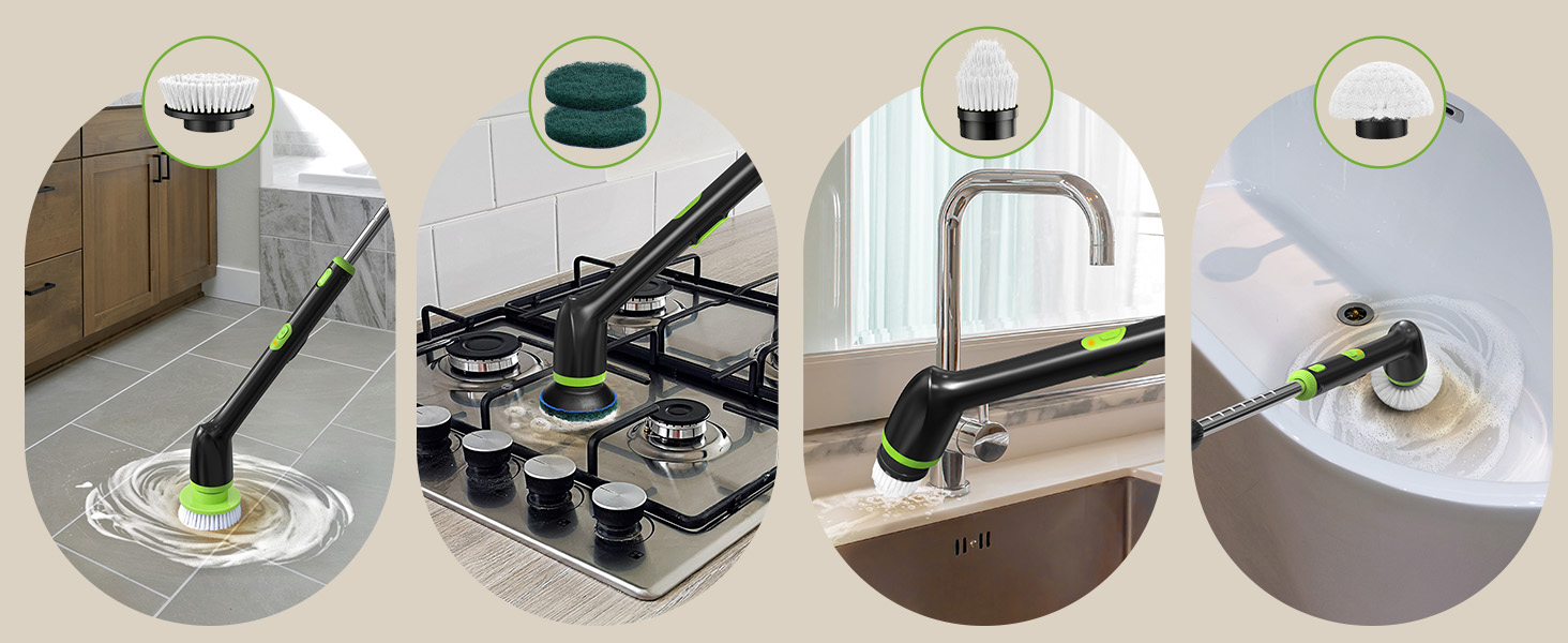 Електрична щітка для прибирання LyriFine, водонепроникна IPX7, з довгим руків'ям, 2 швидкості, змінна насадка, для ванної кімнати, білий (світло-зелений)