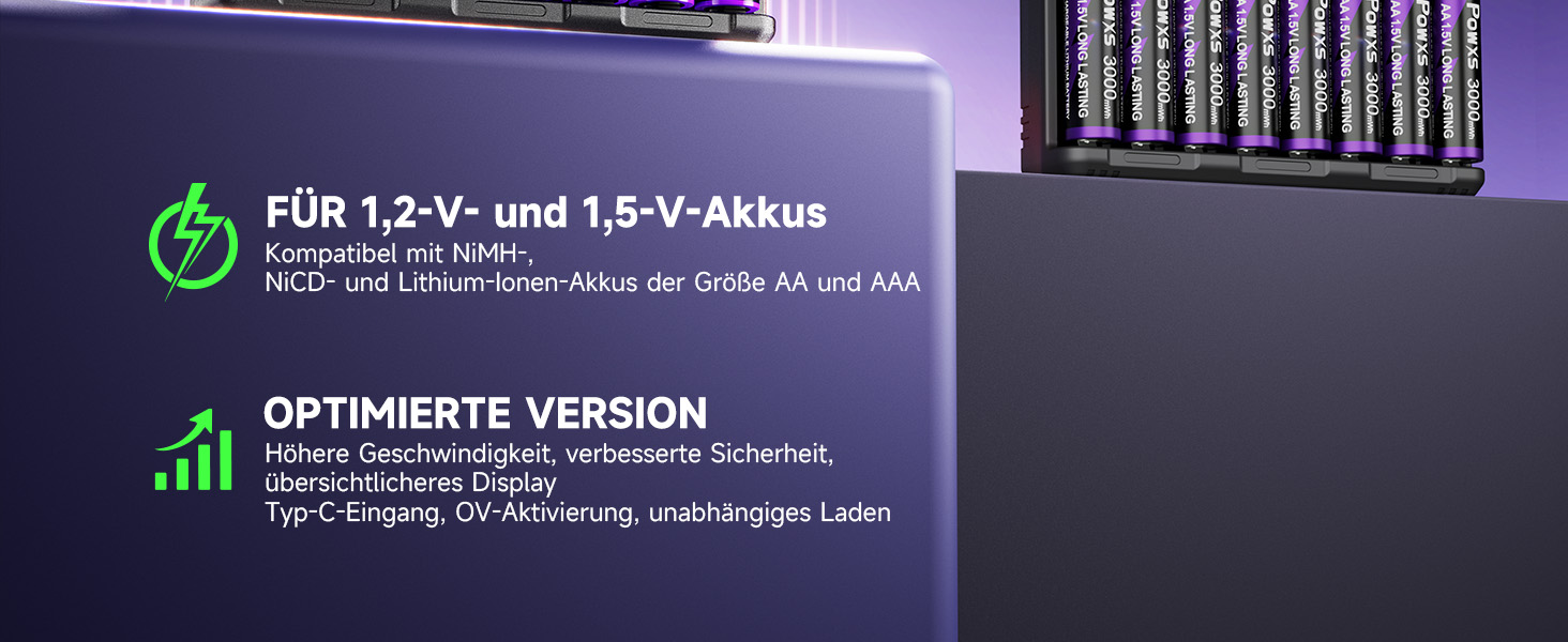 POWXS 8 x AA 3500mAh літієві акумулятори з 8-портовим швидким зарядним пристроєм з LCD-дисплеєм | Швидка зарядка та стабільна напруга 1.5V | Для геймпадів, LED-ліхтарів, пульт дистанційного керування