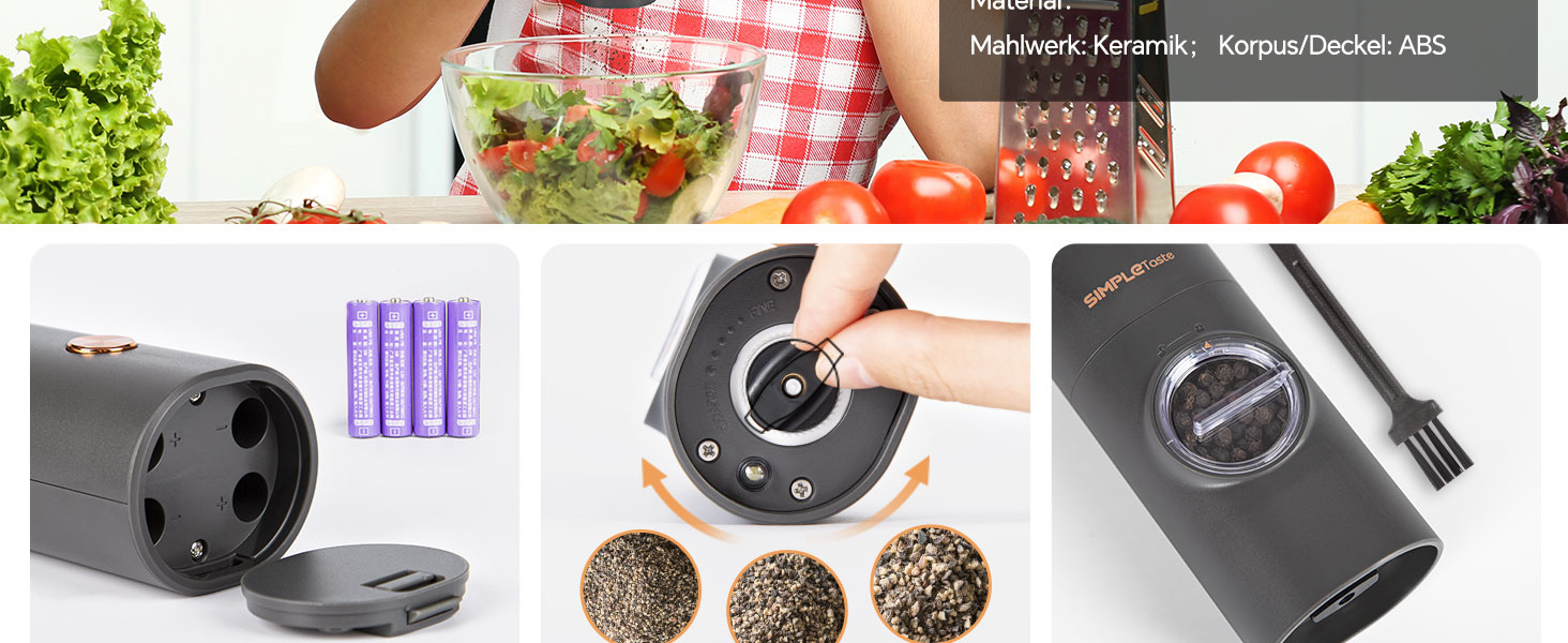 Електричні мельниці для спецій SIMPLETASTE 2 шт. з регульованим керамічним жорном, ABS-пластик, живлення від батарейок AAA