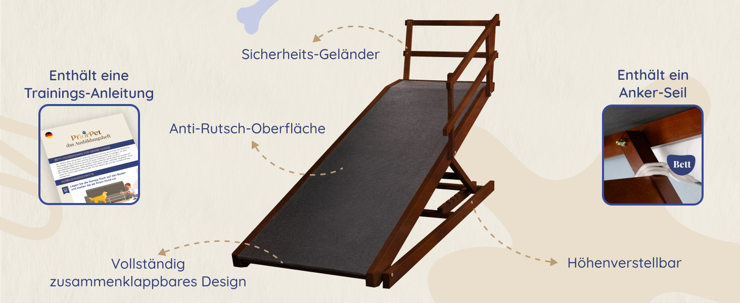 Східці для собак до ліжка з огорожею - для великих собак до 90 кг - регульована висота до 94.5 см - ширина 49.5 см - складаються - антиковзні ручки - з берези - колір натуральний (волоський горіх)