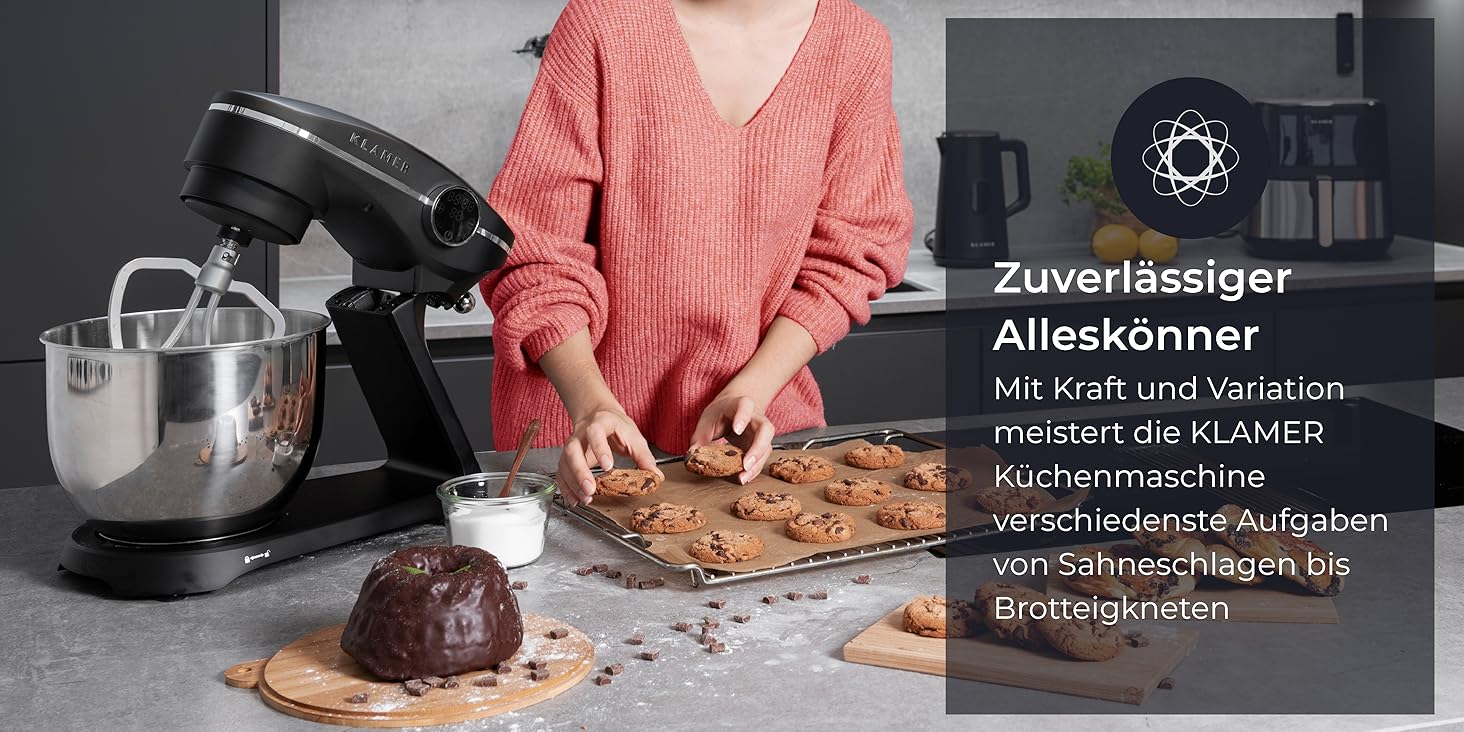 KLAMER 1800W Stand Mixer - Stainless Steel Bowl 6L, 10 Speed, Timer, Planetary Mixing, Dough Hook, Whisk & Beater - Black