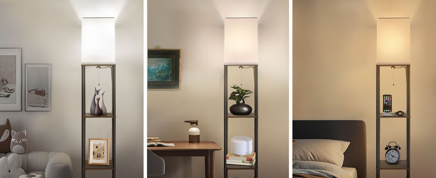 Сучасна торшер BBHome з полицею, регульоване LED освітлення 3 кольорів, 9W, для вітальні, спальні, офісу, дерево, білий/rustikales Braun