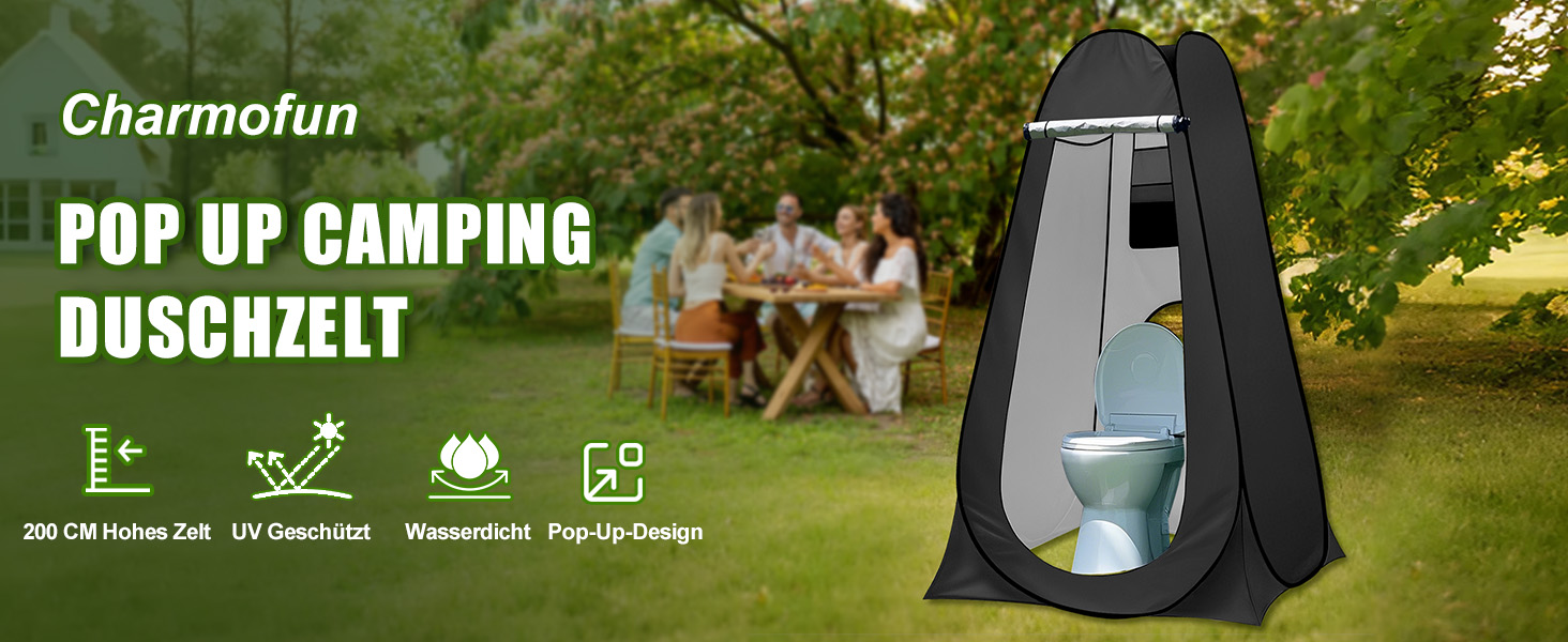 Charmofun Pop Up Shower Tent - Portable Camping Toilet & Changing Tent with UV Protection - Black