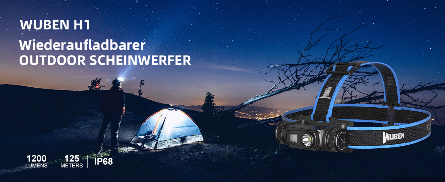 Налобний ліхтар WUBEN H1 Pro 1200 люменів, USB, акумуляторний, 10 режимів, водонепроникний IP68, для бігу, кемпінгу та виживання