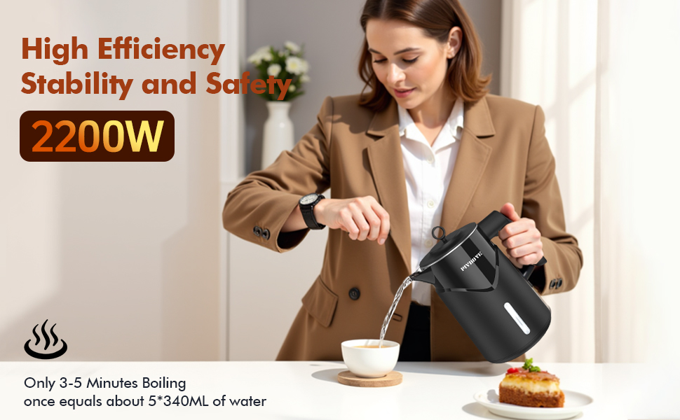 Електричний чайник з нержавіючої сталі 2200W з швидким нагріванням, автоматичним вимкненням, захистом від сухого кипіння, 1.7L, без BPA, без контакту з пластиком, тихий, чорний