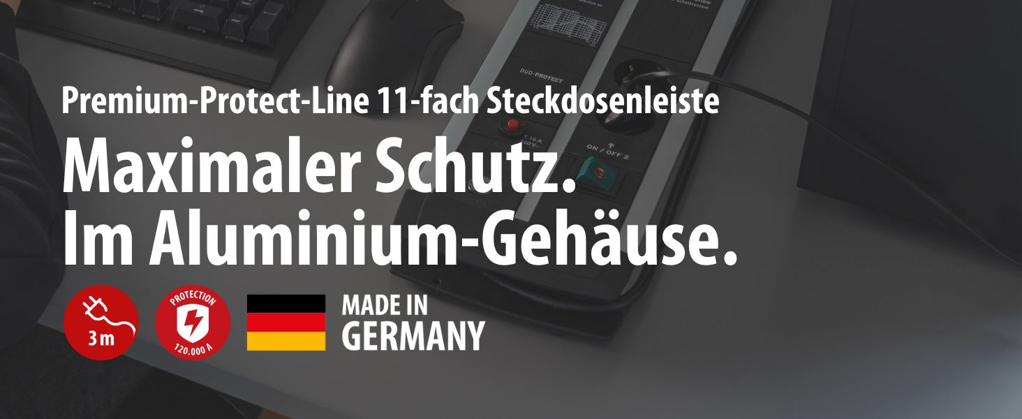 Бренненштуль Premium-Protect-Line Мережевий фільтр для геймерів з 11 розетками, USB 3.10A, захист від перенапруги, 3м кабель, Made in Germany (сріблястий/чорний)