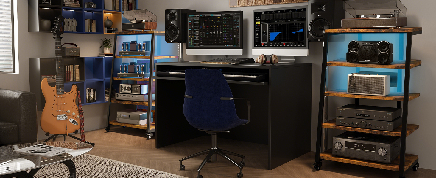 HiFi тумба з колесами для програвача, стереосистеми та ТВ 60x52x78 см. Дерев'яна, 5 полиць, з розетками та LED підсвіткою