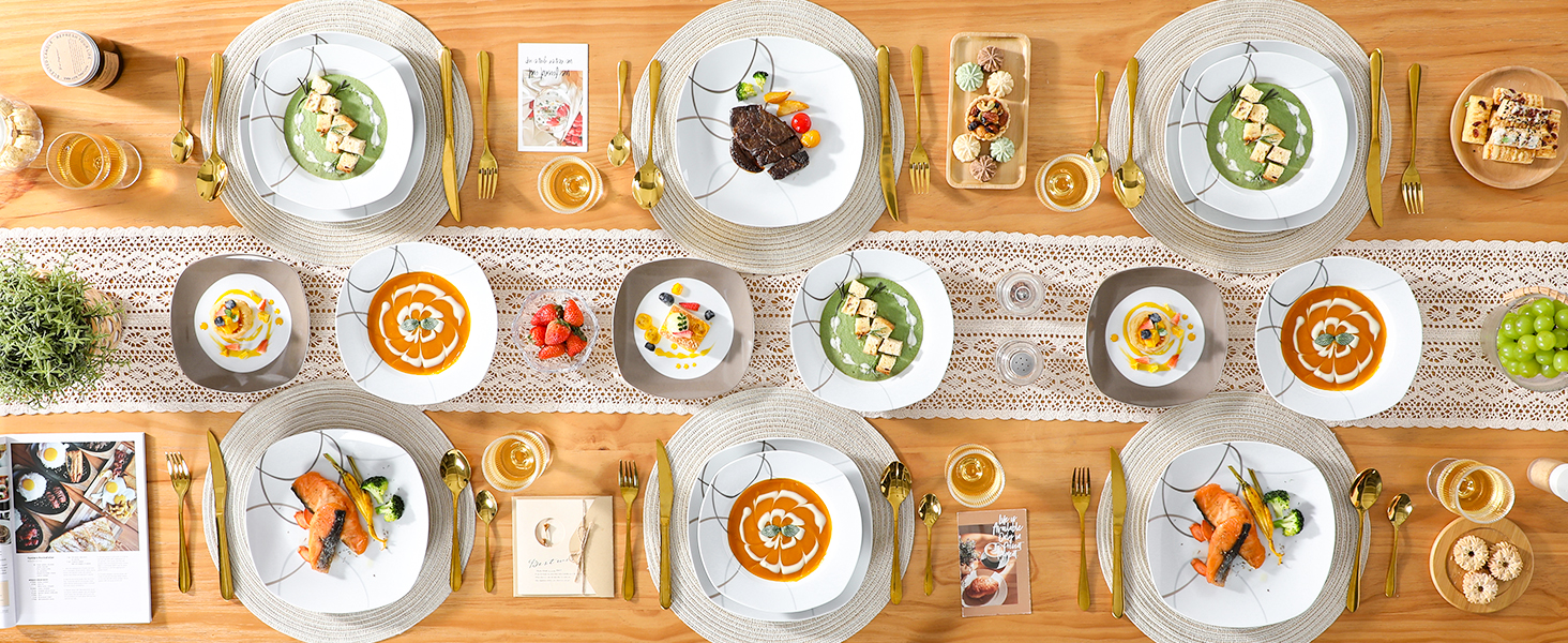 VEWEET Набір посуду 'Нікіта' з порцеляни, 24 частини | Сервіз включає миски, десертні тарілки, тарілки для їжі та супові тарілки | Посуд для 4-12 осіб