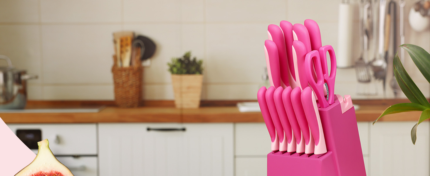 Набір ножів Hecef 14 предметів у блоці, з антипригарним покриттям, для посудомийної машини, самозаточуваний, ергономічні ручки, кухонний набір для будь-якої кухні (рожевий)