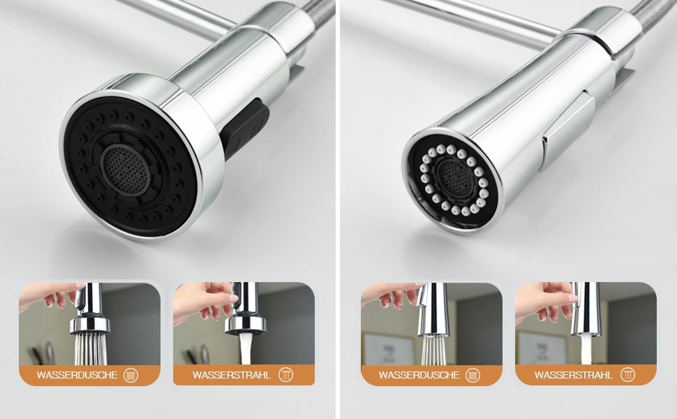 Змішувач кухонний з висувною лійкою, 360° поворот, 2 режими, нержавіюча сталь, хром