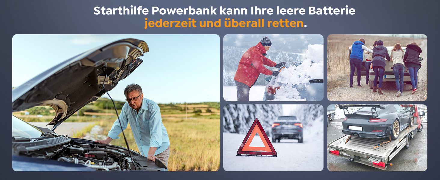 Powerbank Starthilfe 6000A: Зарядний пристрій для автомобіля 12V з кабелем, LED-лампа та дисплеєм (до 9L бензин, 7L дизель) - для SUV, мотоциклів, газонокосарок