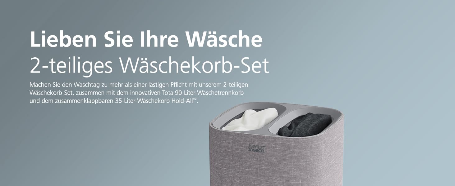 Joseph Joseph Laundry 2-Piece Set - Hold-All 35L Foldable Laundry Hamper and Tota 60L Laundry Basket with Lid with 2 Compartments and Removable Bags - Grey