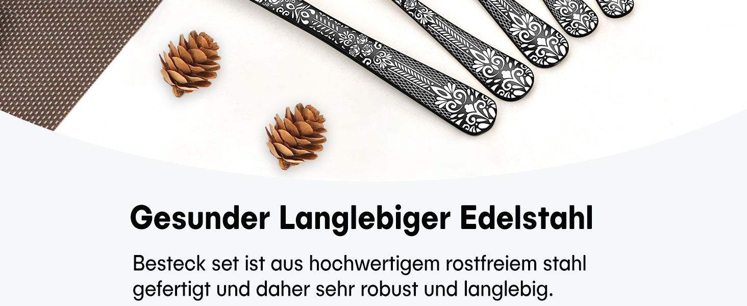 Набір столових приборів на 6 осіб HONKKU, 30 предметів, нержавіюча сталь, з ножами для стейку, чорний, безпечний для мийки посуду