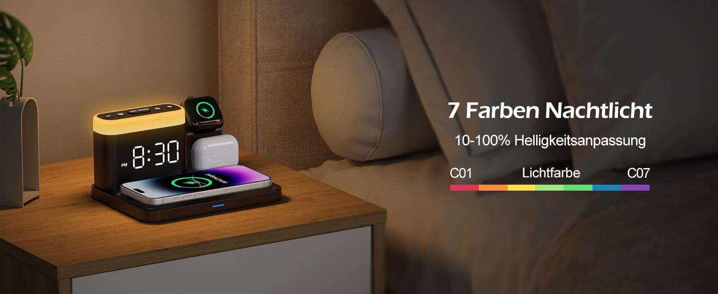 Бездрокова зарядна станція ANJANK 3-в-1 з будильником, 7 нічників та Mag-Safe для iPhone 17/16/15/14/13/12 Pro Max Plus, Apple Watch 11/10/9/8, AirPods