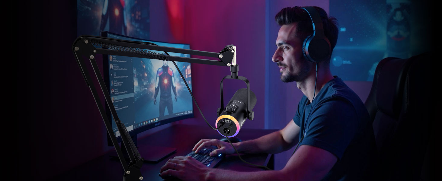Ігровий мікрофон FDUCE з USB/XLR підключенням для запису подкастів, стрімінгу та співу з RGB-підсвічуванням, регулятором гучності та навушником, з кріпленням-жабою (D30+)