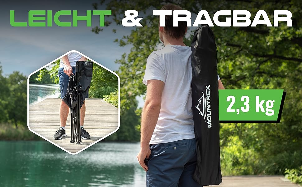 Крісло для кемпінгу MOUNTREX складне (до 120 кг) - регульовані підлокітники, для риболовлі, пляжного відпочинку, компактне та легке, з підстаканником та сумкою, чорне