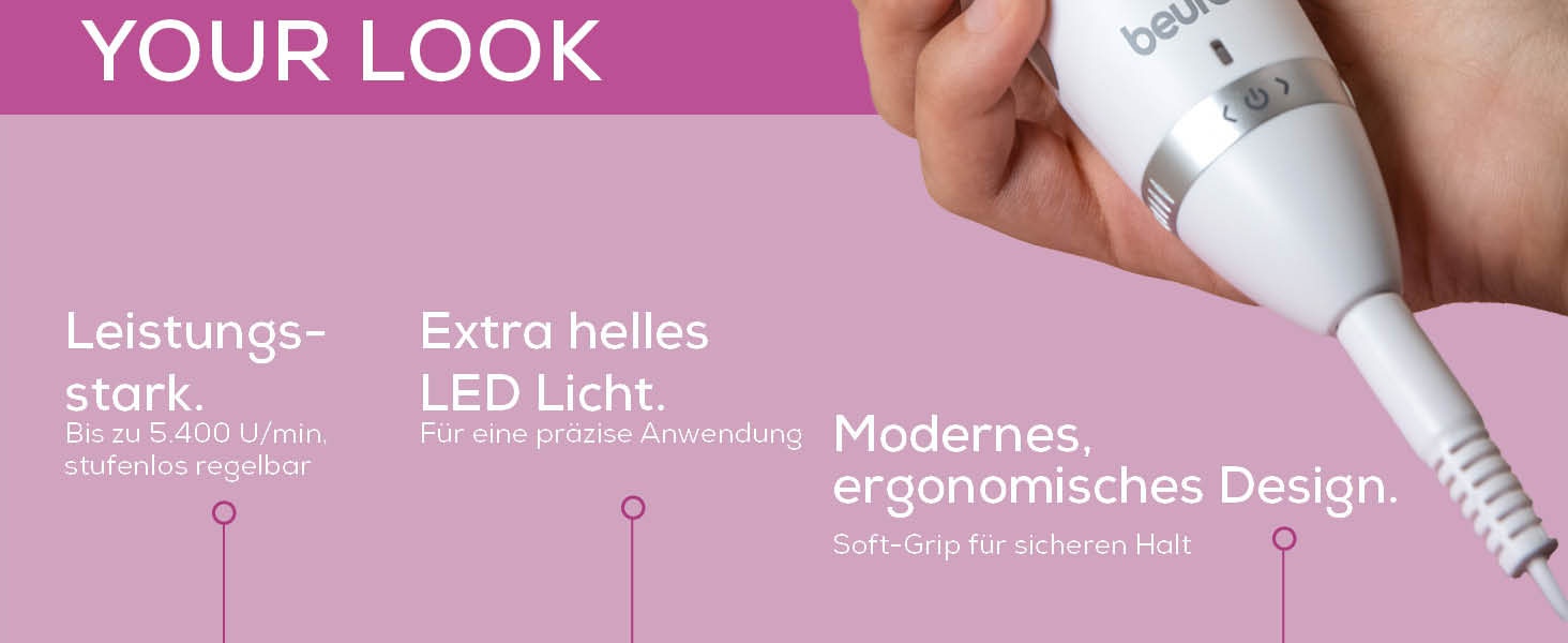 Набір для манікюру та педикюру Beurer MP 62: електрична пилка, 10 насадок, LED, регулювання швидкості, сумка, білий