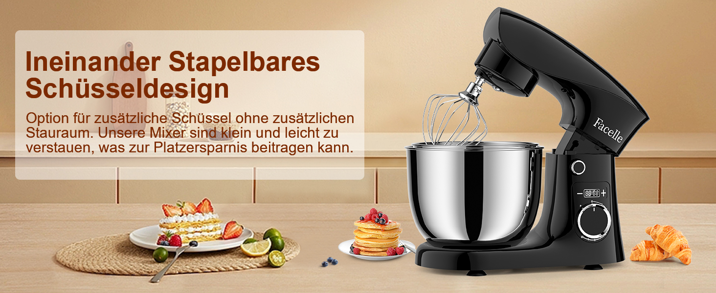 Кухонна машина-міксер Facelle 1500W з чашею 5.5л/4.5л, 10+ програм, чорний
