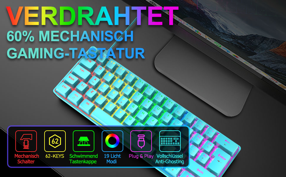 Ігрова клавіатура та миша UK-Layout з підсвічуванням RGB, 62 клавіші, механічна, 6400 DPI (чорний/червоний перемикач)