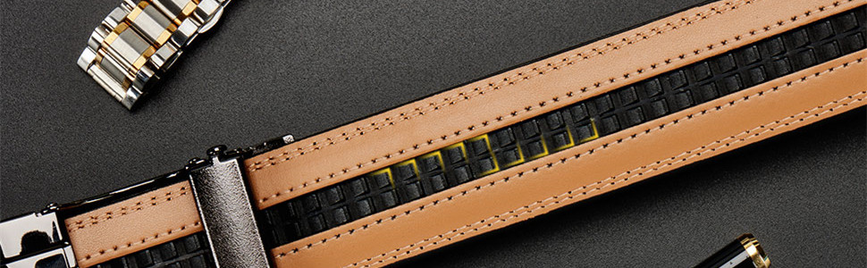 Чоловічий шкіряний ремінь Guvoosm з автоматичною застібкою, 3,5 см, колір коричневий, довжина 125 см, підходить для об'єму талії 92-107 см, для ділового костюма