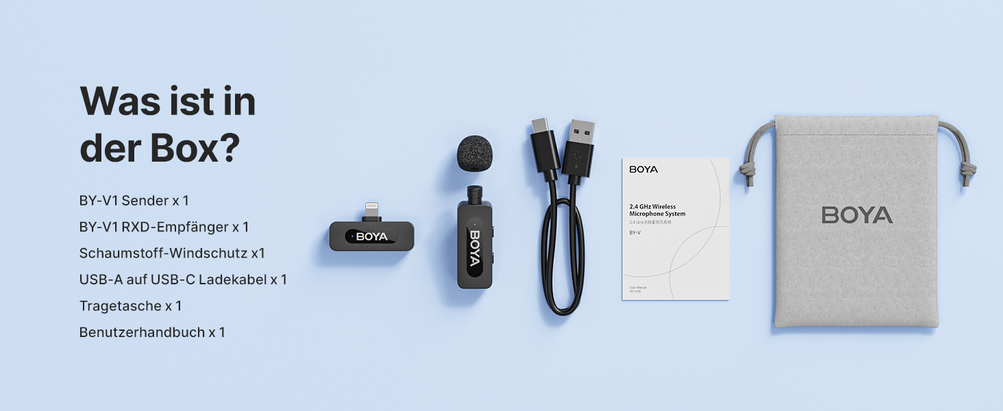 BOYA BY-V1: Бездротовий мікрофон-петличка для iPhone, Android, USB-C. Запис відео з шумозаглушенням, 48 КГц/16 біт, 9 годин роботи від акумулятора